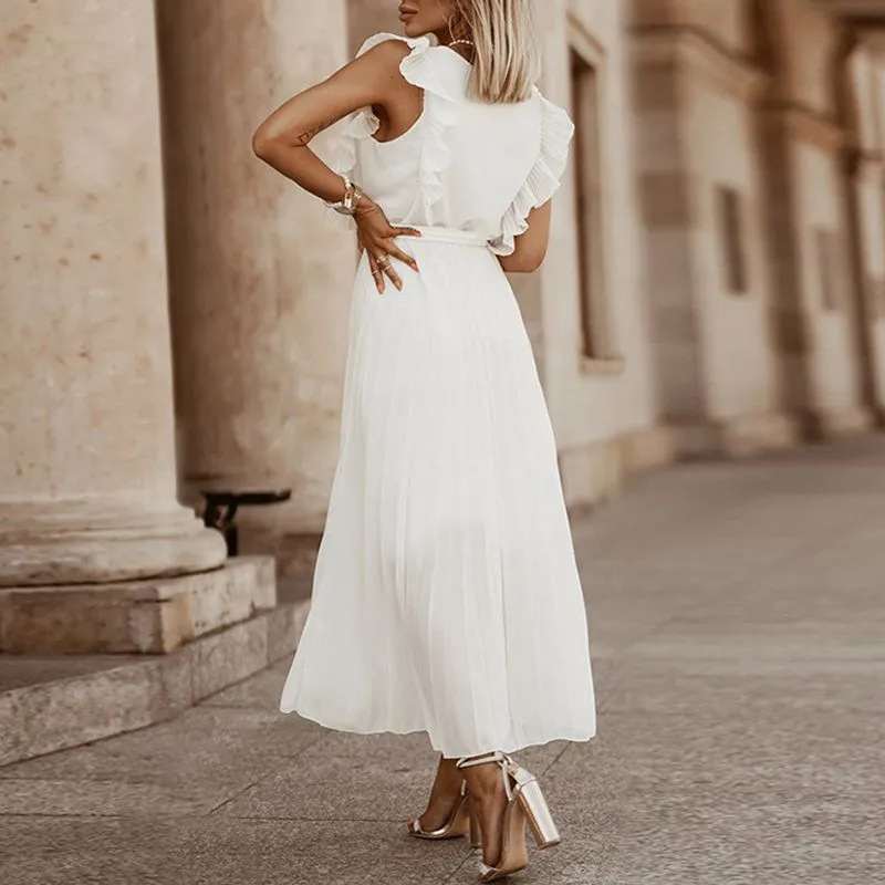 Classic Flutter Ruffle Sleeve Pleated Chiffon Maxi Occasion Dress