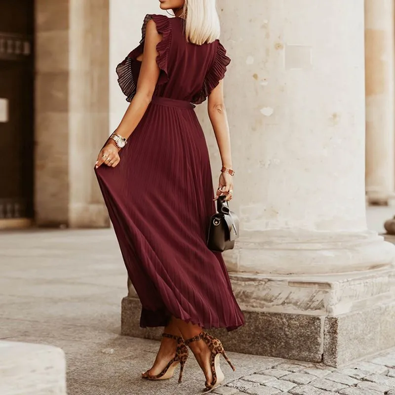Classic Flutter Ruffle Sleeve Pleated Chiffon Maxi Occasion Dress