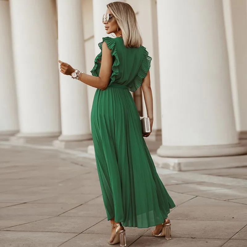 Classic Flutter Ruffle Sleeve Pleated Chiffon Maxi Occasion Dress