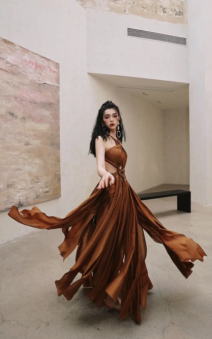 DOLLY Elegant Brown Halter Neck Loose High Waist Pleated Resort Dress-VEe