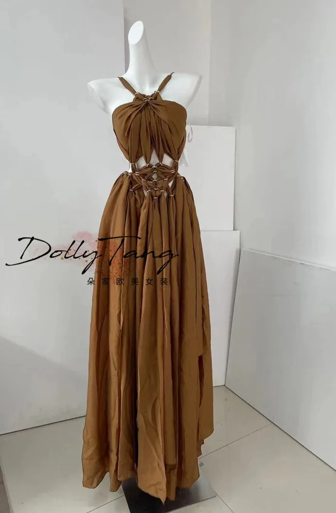 DOLLY Elegant Brown Halter Neck Loose High Waist Pleated Resort Dress-VEe