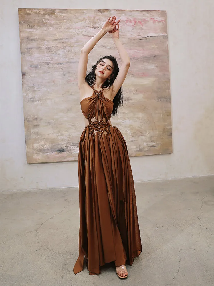DOLLY Elegant Brown Halter Neck Loose High Waist Pleated Resort Dress-VEe