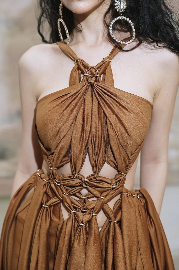 DOLLY Elegant Brown Halter Neck Loose High Waist Pleated Resort Dress-VEe
