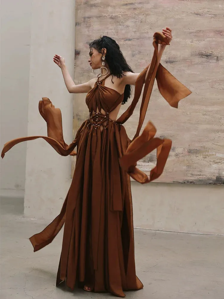 DOLLY Elegant Brown Halter Neck Loose High Waist Pleated Resort Dress-VEe