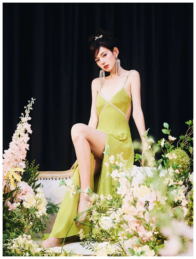 DOLLY Elegant Green V-Neck Sleeveless Slim Fit Backless Slit Resort Dress-JUN