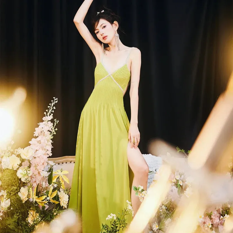 DOLLY Elegant Green V-Neck Sleeveless Slim Fit Backless Slit Resort Dress-JUN