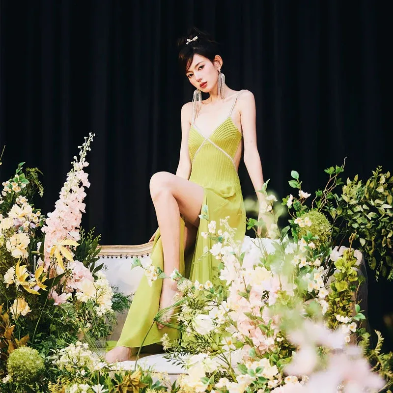 DOLLY Elegant Green V-Neck Sleeveless Slim Fit Backless Slit Resort Dress-JUN