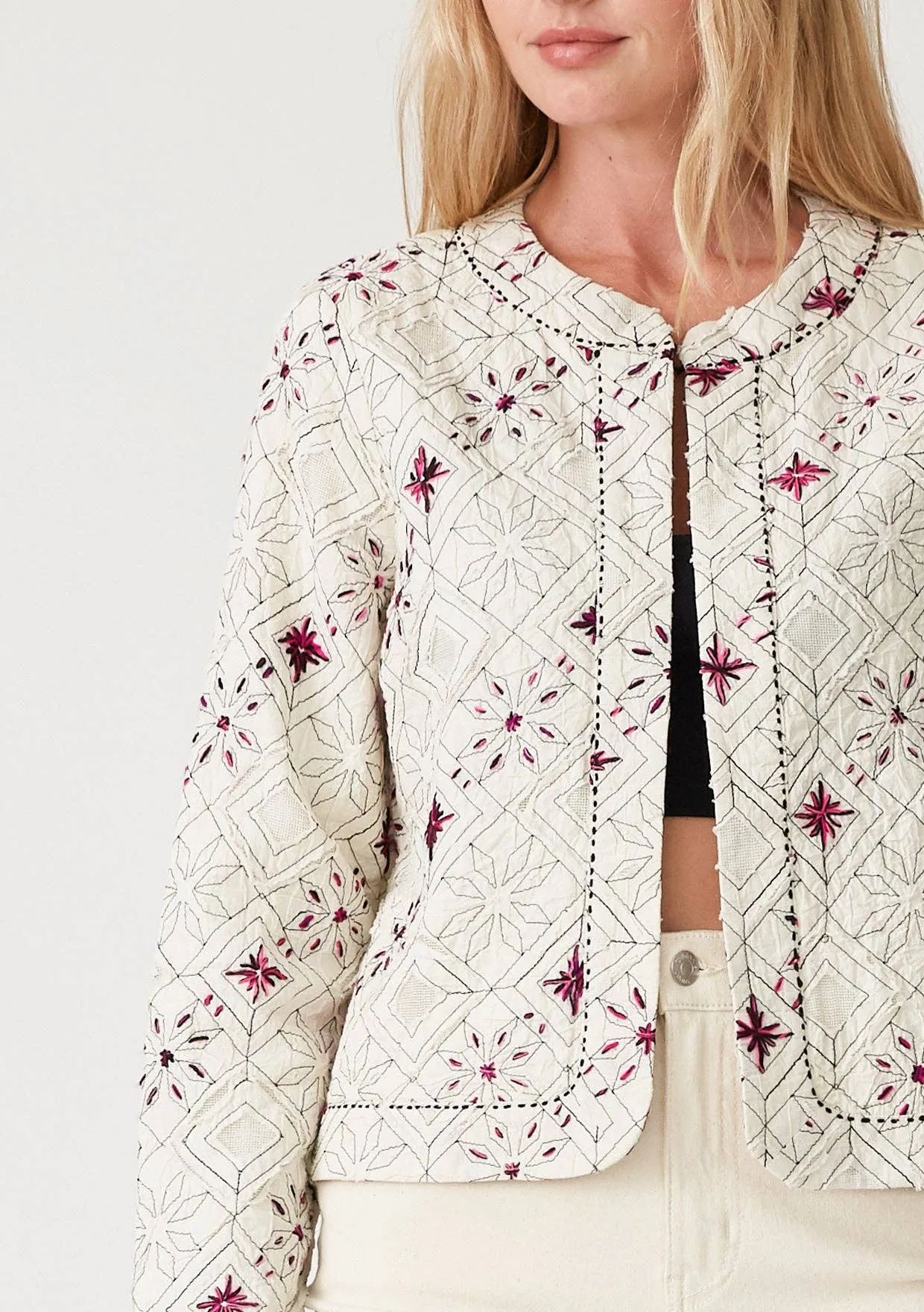 Embroidered Open Front Woven Jacket