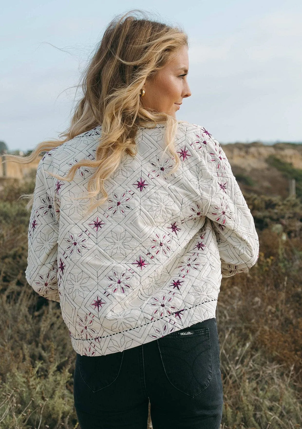 Embroidered Open Front Woven Jacket