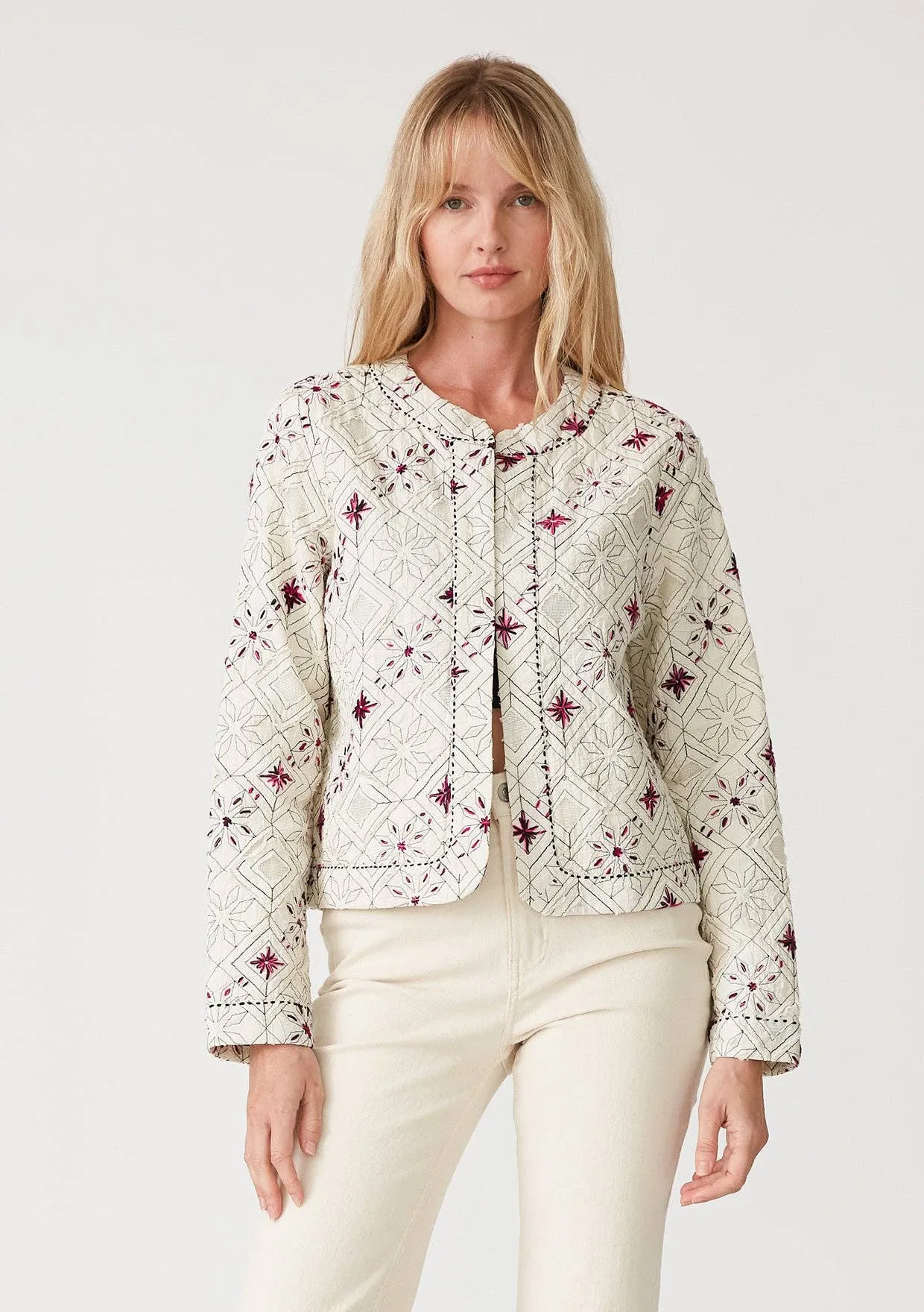Embroidered Open Front Woven Jacket