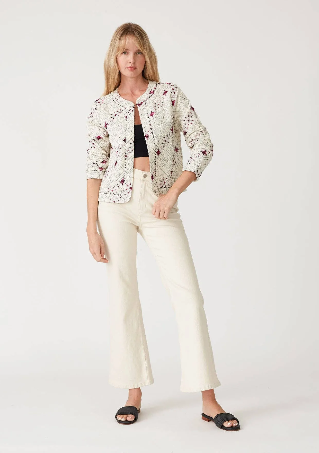 Embroidered Open Front Woven Jacket