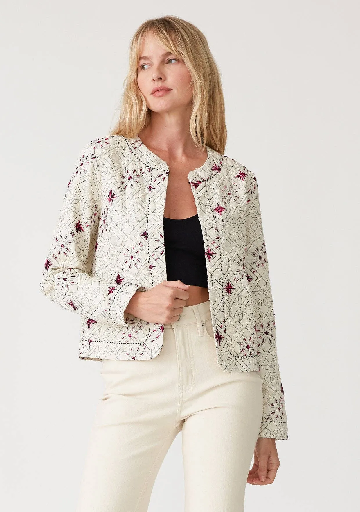 Embroidered Open Front Woven Jacket