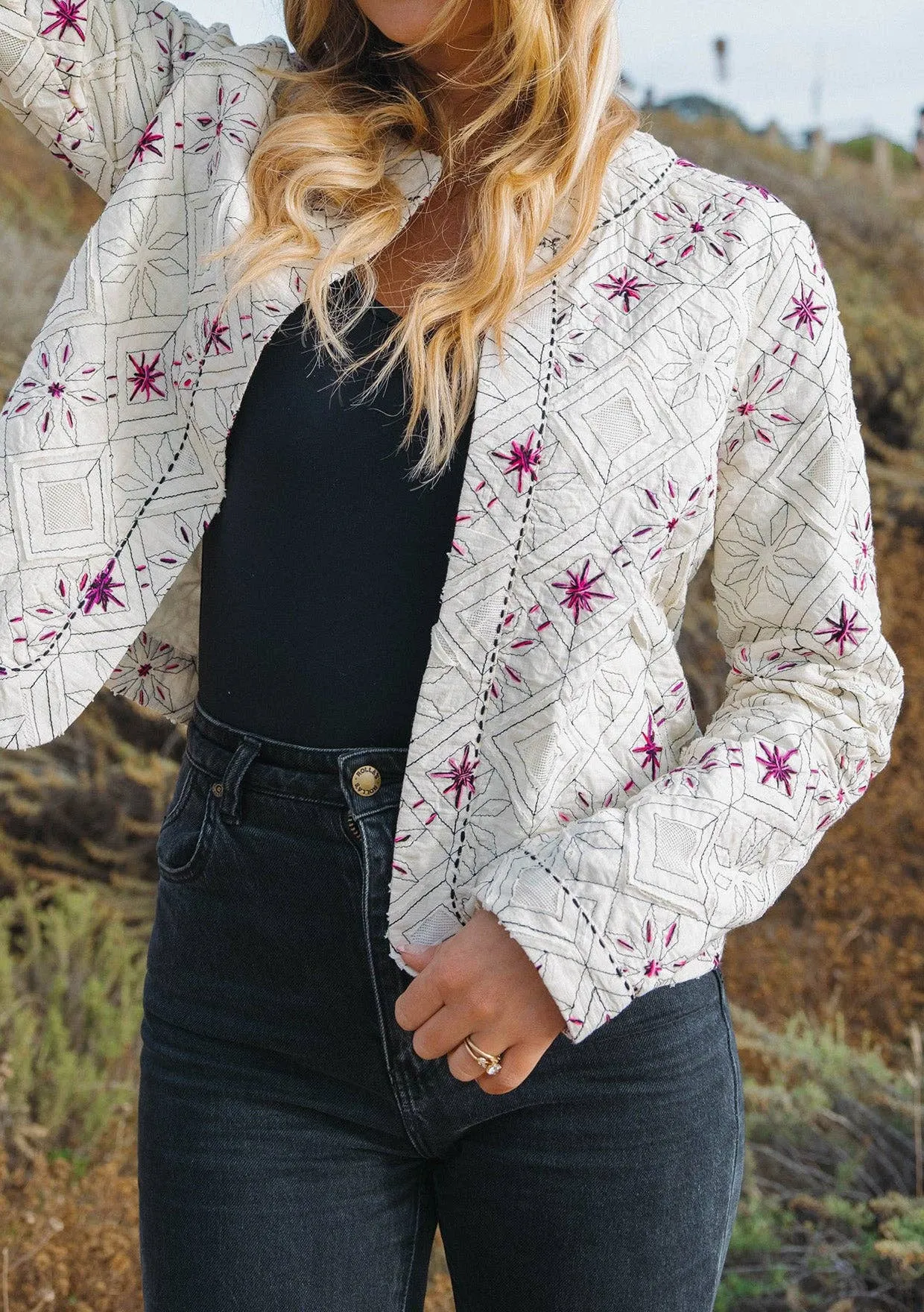 Embroidered Open Front Woven Jacket
