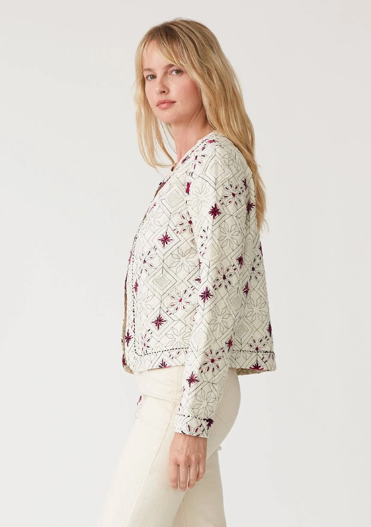 Embroidered Open Front Woven Jacket