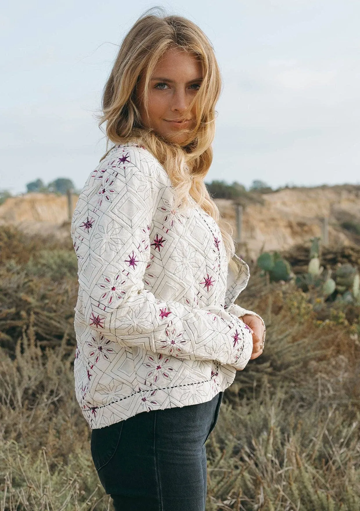 Embroidered Open Front Woven Jacket