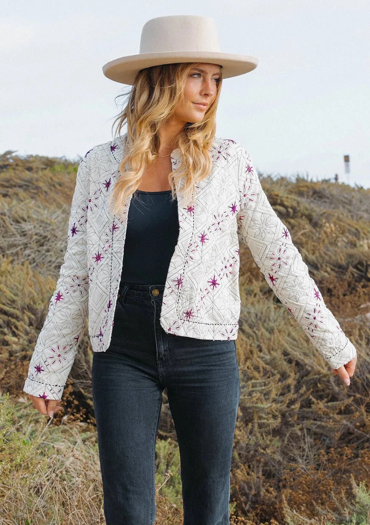 Embroidered Open Front Woven Jacket