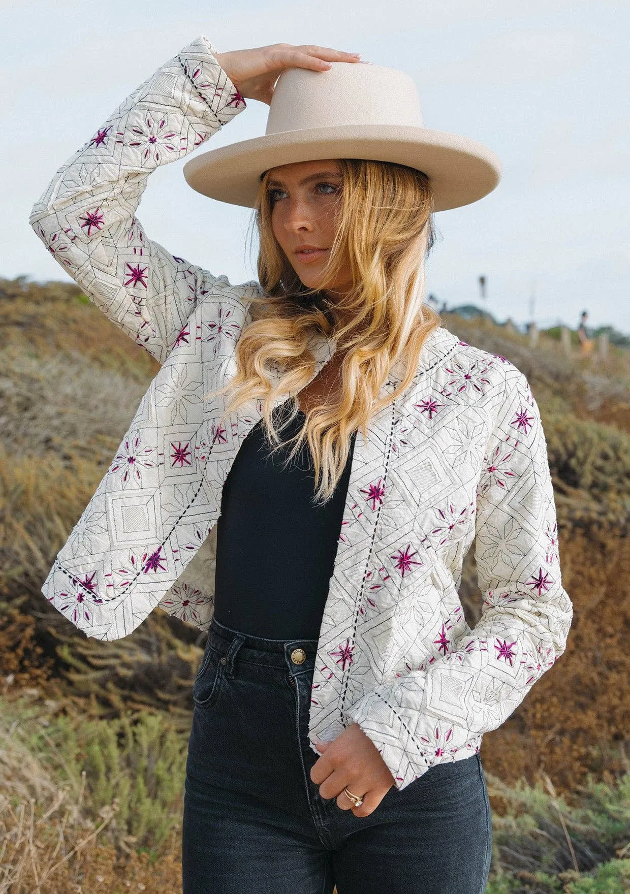 Embroidered Open Front Woven Jacket