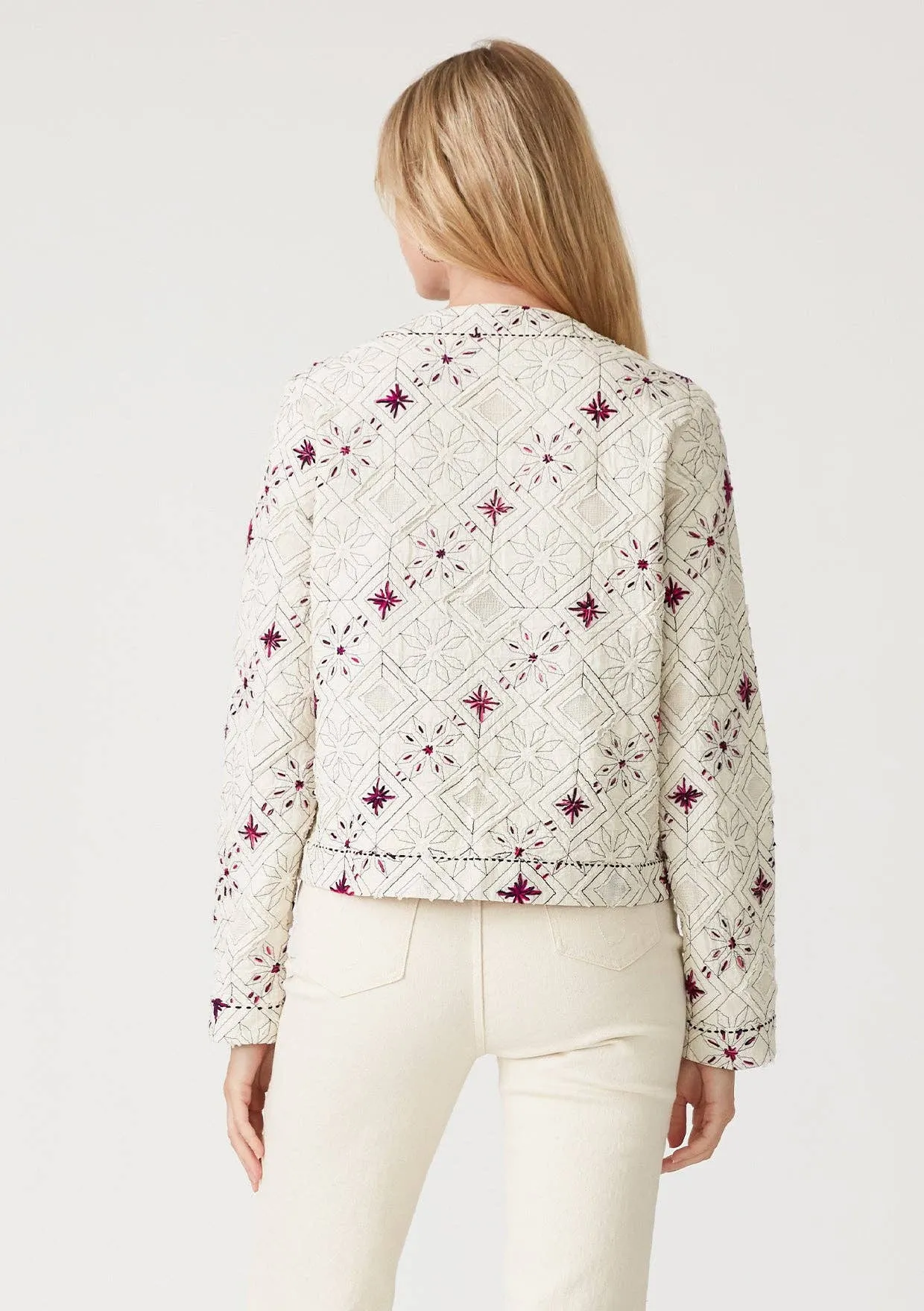 Embroidered Open Front Woven Jacket