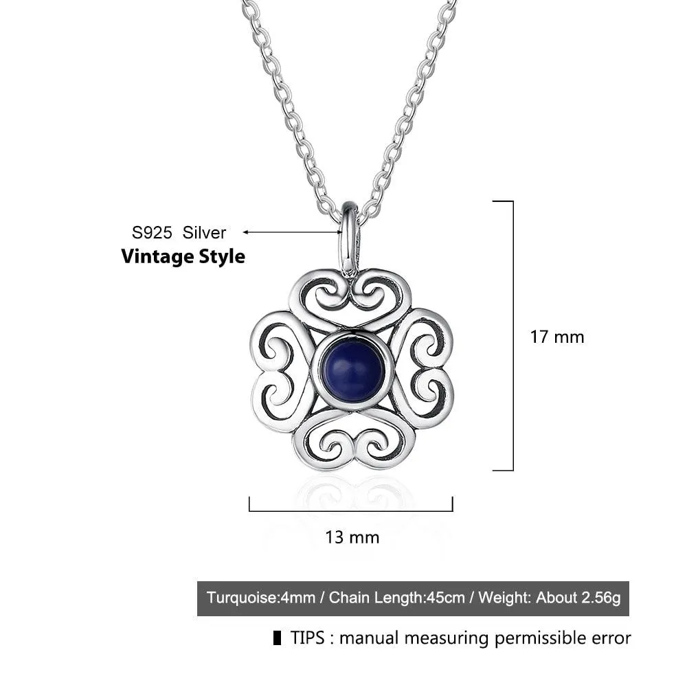 Fashion 925 Sterling Silver Floral Pattern Necklace with Blue Cubic Zirconia Pendant