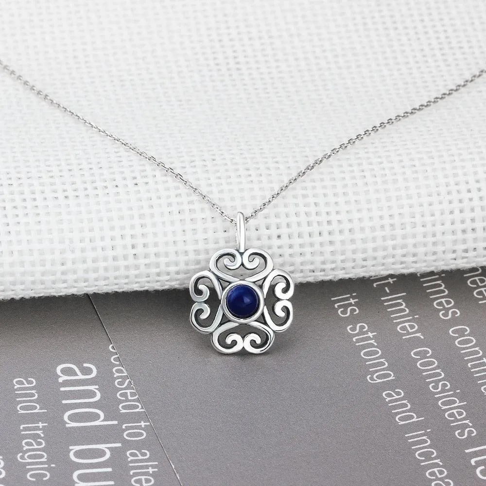 Fashion 925 Sterling Silver Floral Pattern Necklace with Blue Cubic Zirconia Pendant