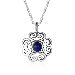 Fashion 925 Sterling Silver Floral Pattern Necklace with Blue Cubic Zirconia Pendant