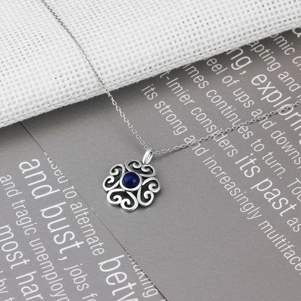 Fashion 925 Sterling Silver Floral Pattern Necklace with Blue Cubic Zirconia Pendant
