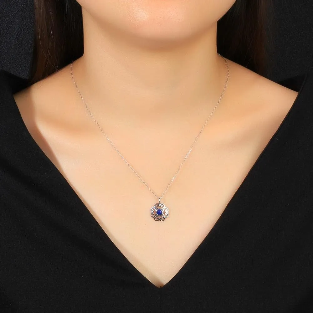 Fashion 925 Sterling Silver Floral Pattern Necklace with Blue Cubic Zirconia Pendant