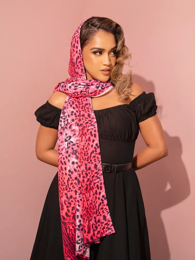 FINAL SALE - 1950s Inspired Crepe Scarf in Pink Leopard Print - Vixen by Micheline Pitt