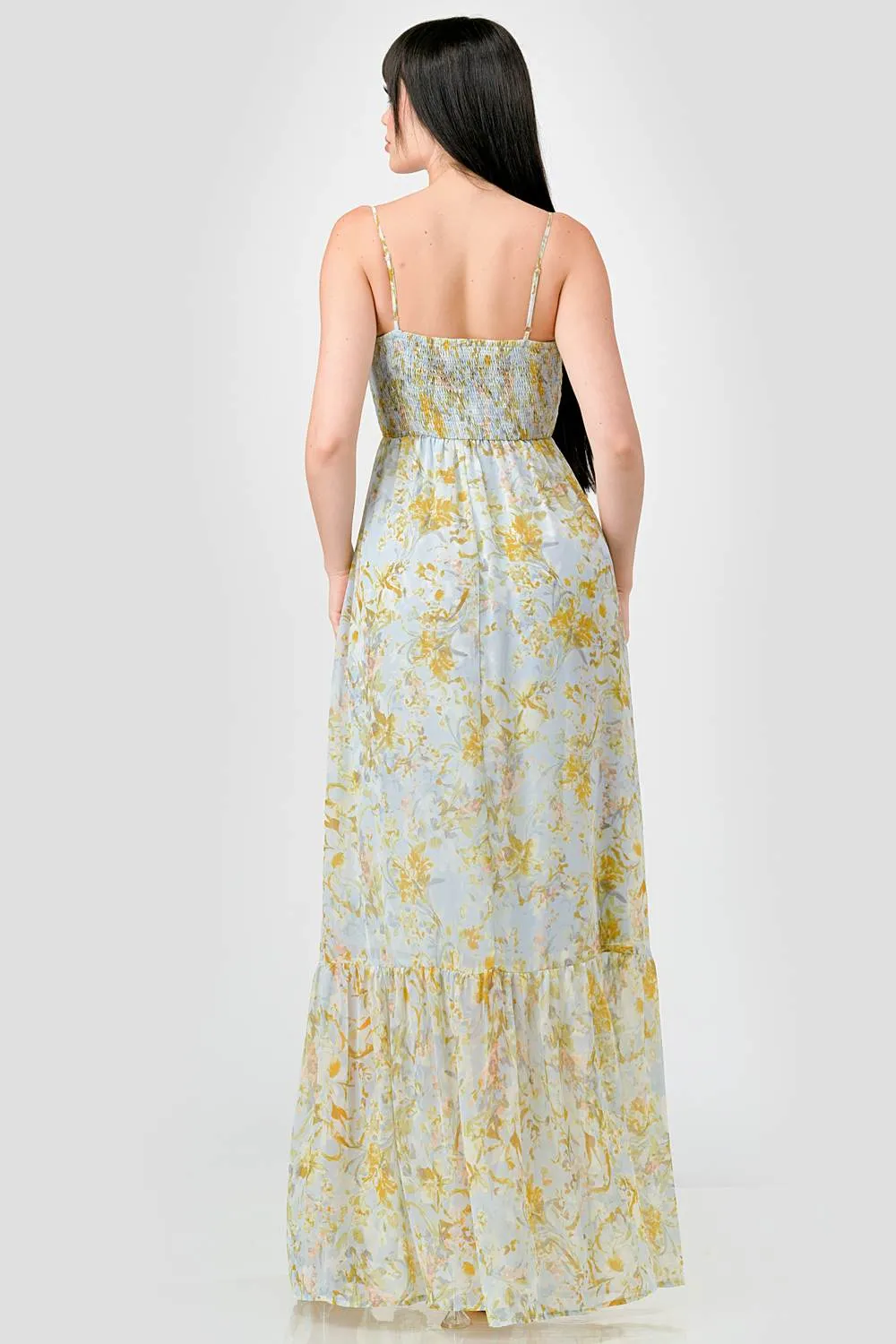 FLORAL CHIFFON SMOCKED BACK RUFFLED MAXI DRESS