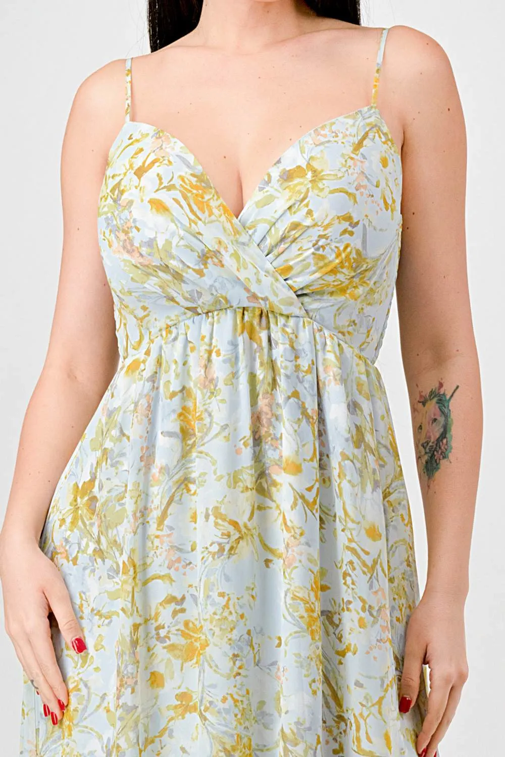 FLORAL CHIFFON SMOCKED BACK RUFFLED MAXI DRESS