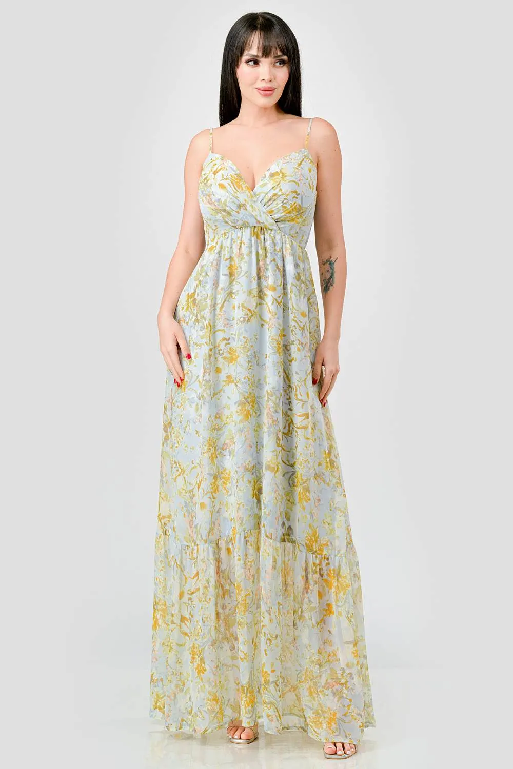 FLORAL CHIFFON SMOCKED BACK RUFFLED MAXI DRESS