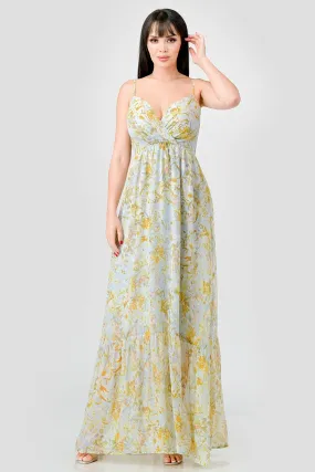 FLORAL CHIFFON SMOCKED BACK RUFFLED MAXI DRESS