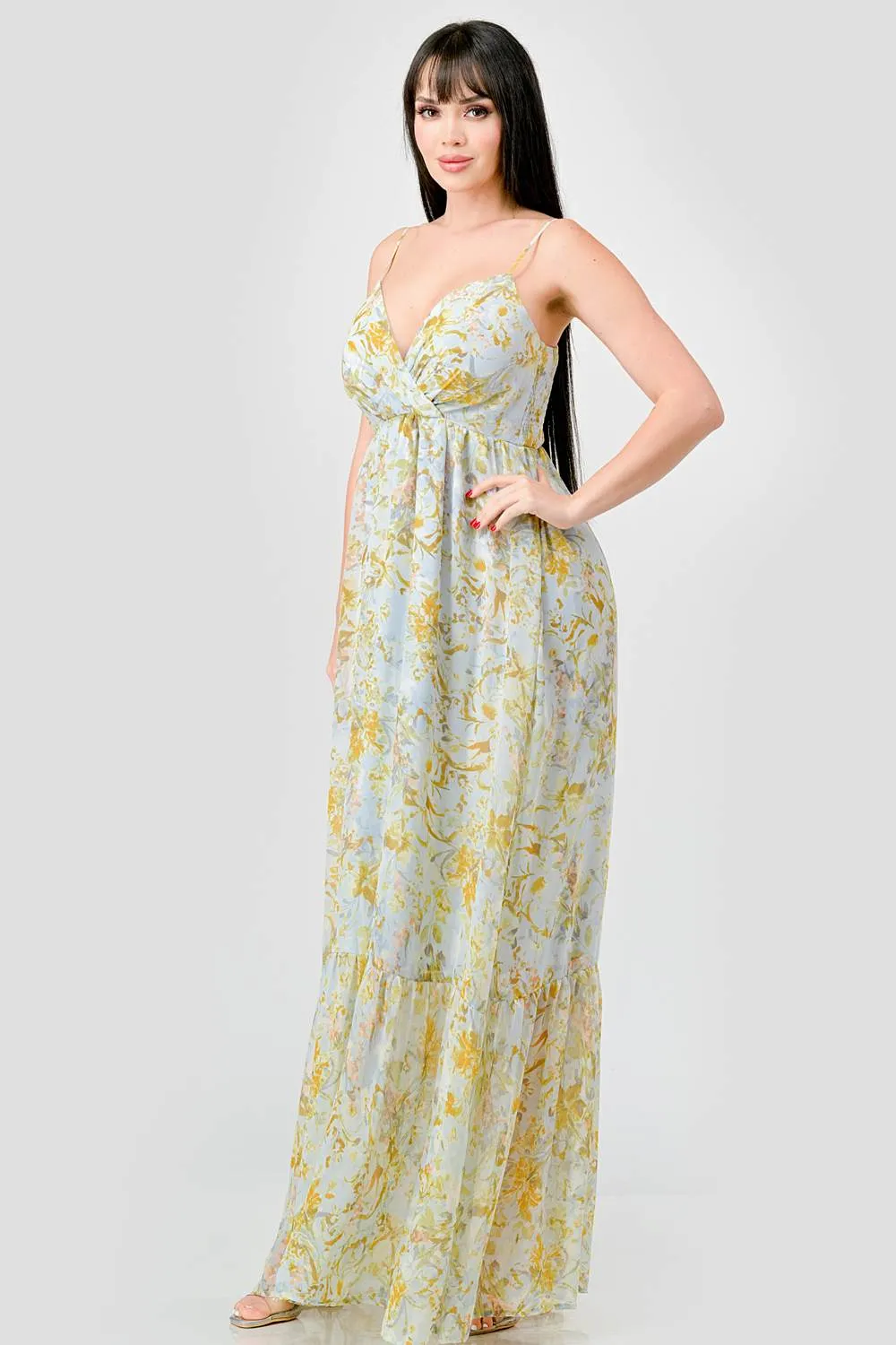 FLORAL CHIFFON SMOCKED BACK RUFFLED MAXI DRESS