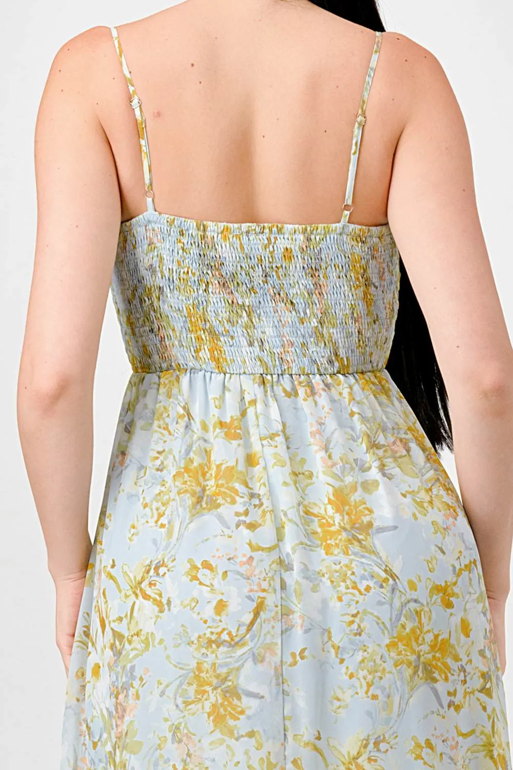 FLORAL CHIFFON SMOCKED BACK RUFFLED MAXI DRESS