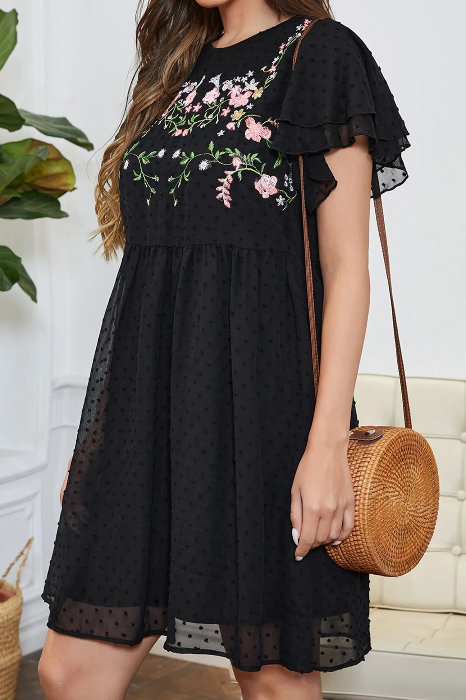 Freedom Beach Embroidered Floral Clip Dot Dress