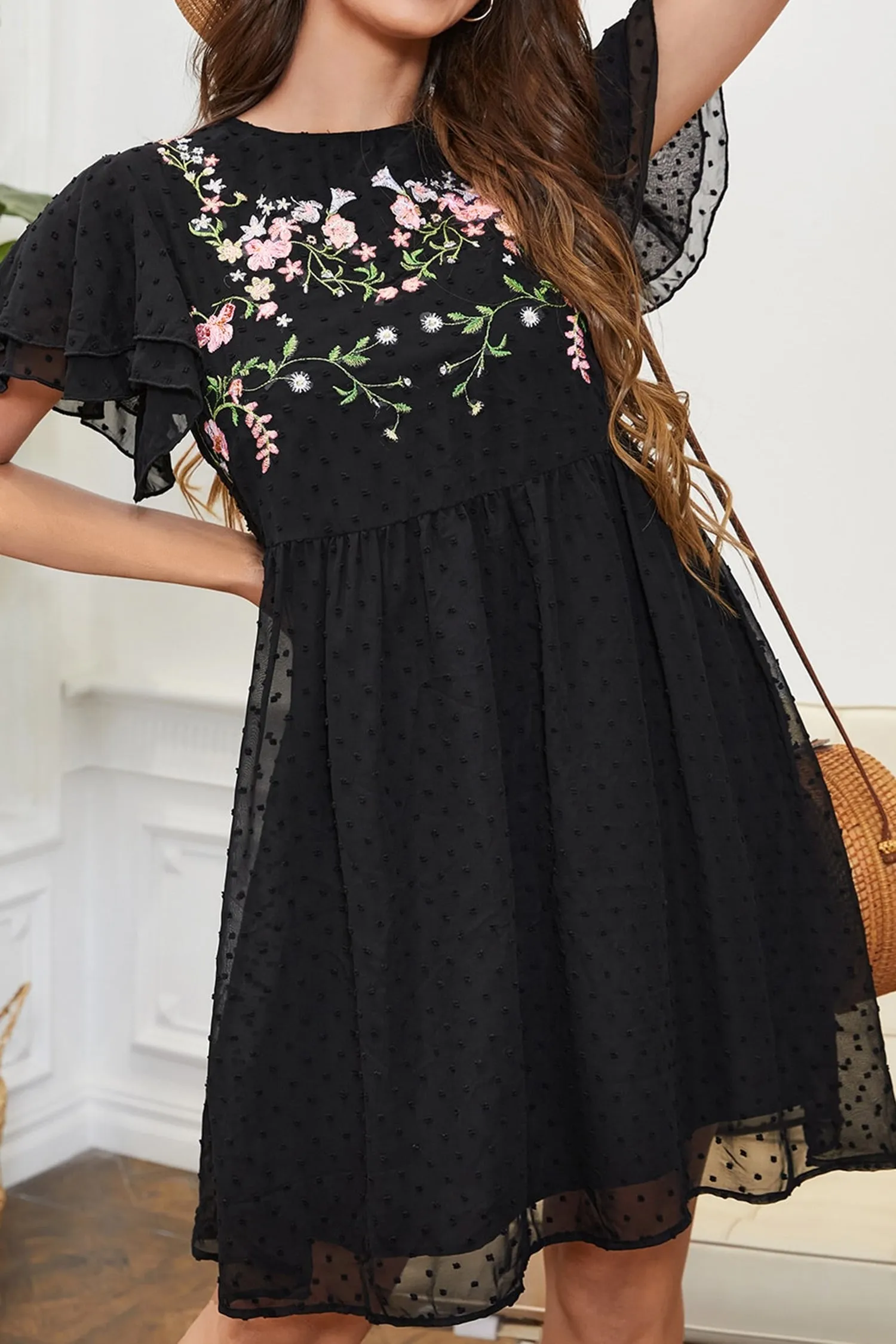 Freedom Beach Embroidered Floral Clip Dot Dress
