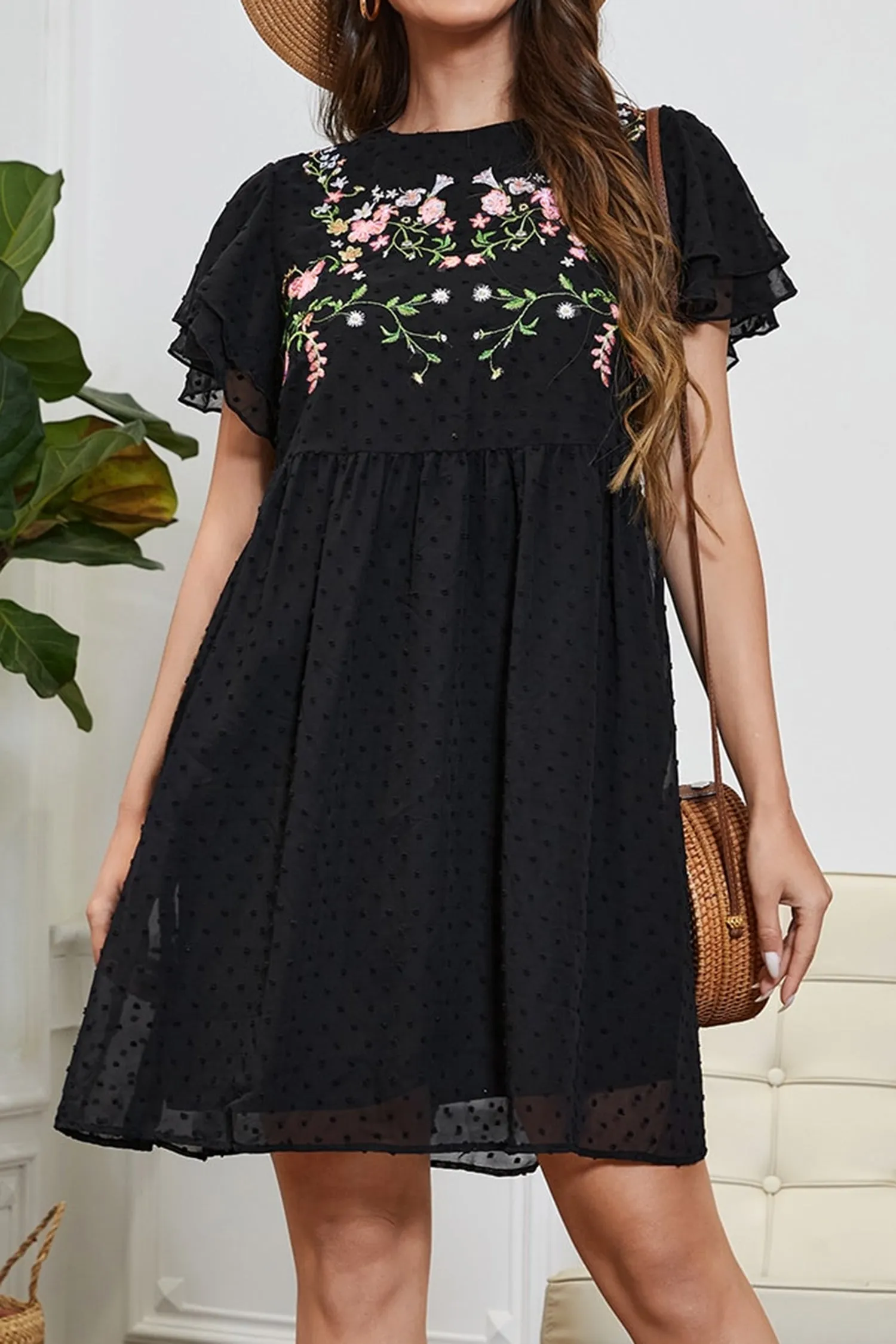 Freedom Beach Embroidered Floral Clip Dot Dress