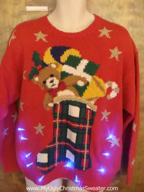 Funny 80s Plaid Stocking Light Up Ugly Xmas Sweater