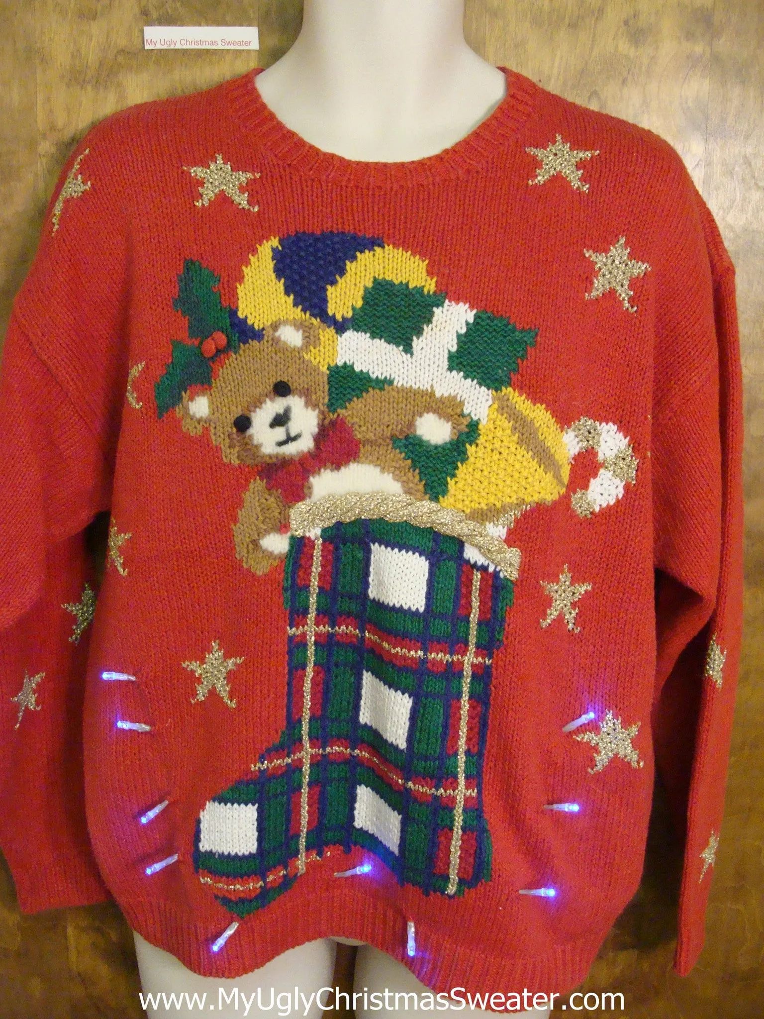 Funny 80s Plaid Stocking Light Up Ugly Xmas Sweater