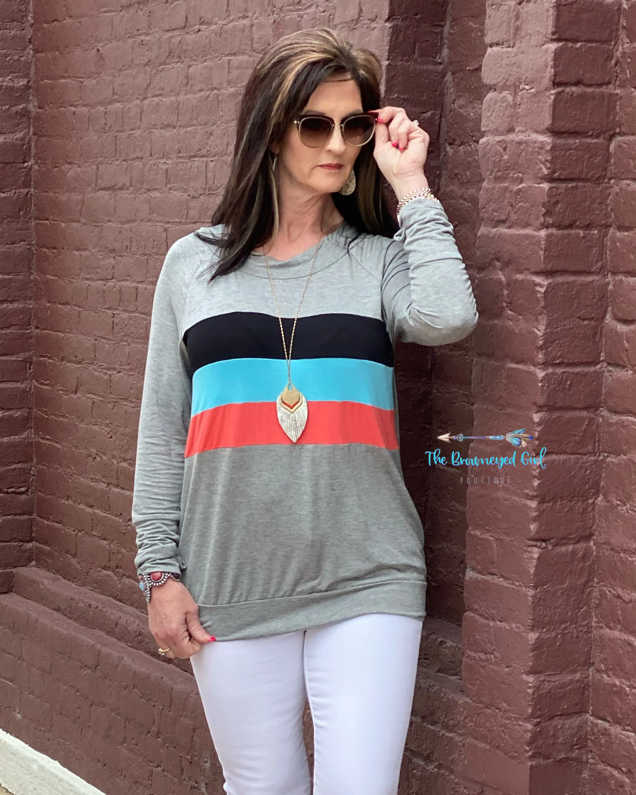 Kori Grey Retro Stripe Long Sleeve Thumbhole Top