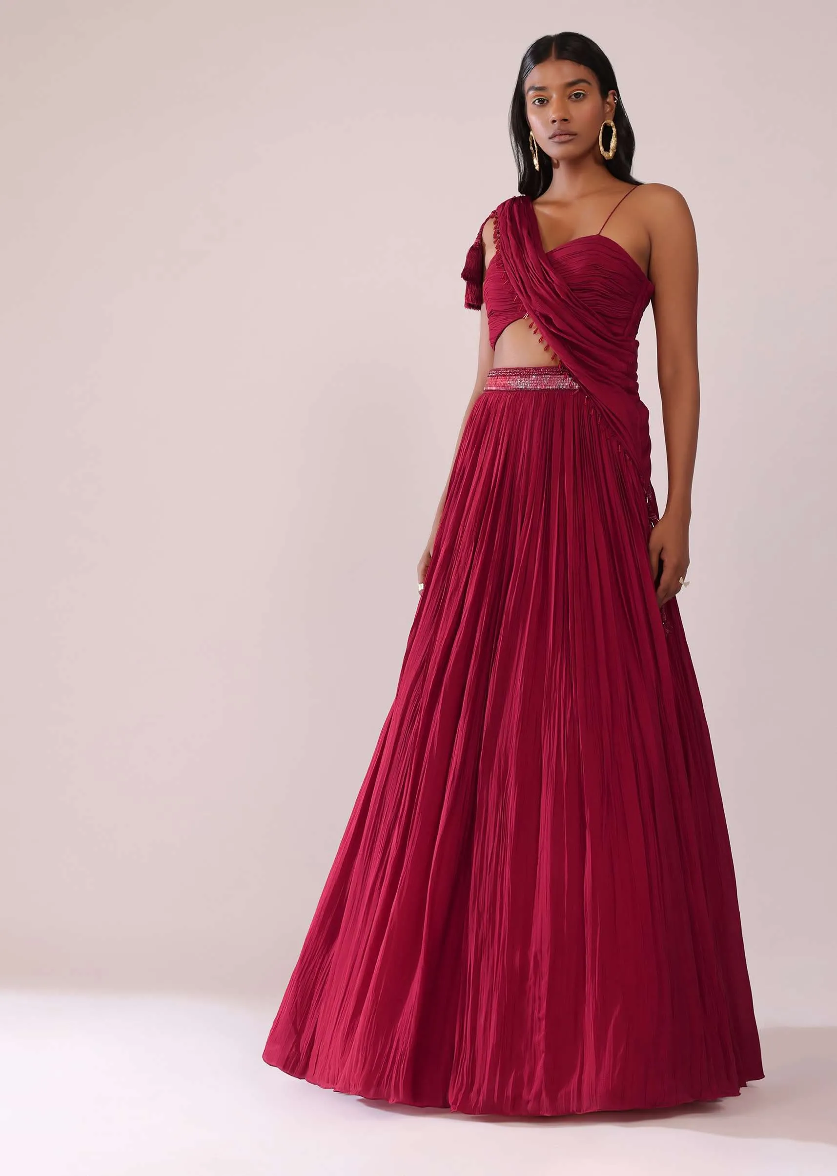 Maroon Red Chiffon Lehenga Blouse Set With One Side Shoulder Drape