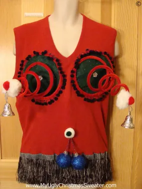 Mens Naughty Tacky Ugly Christmas Sweater Vest with Funny Springy 3D Accents and Fringe and Blue Balls Dangling Ornaments (r30)