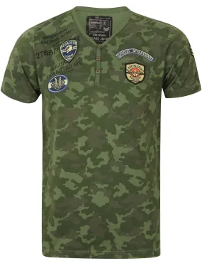 Mooder V Neck Military T-Shirt with Badges in Khaki Camo by Dissident