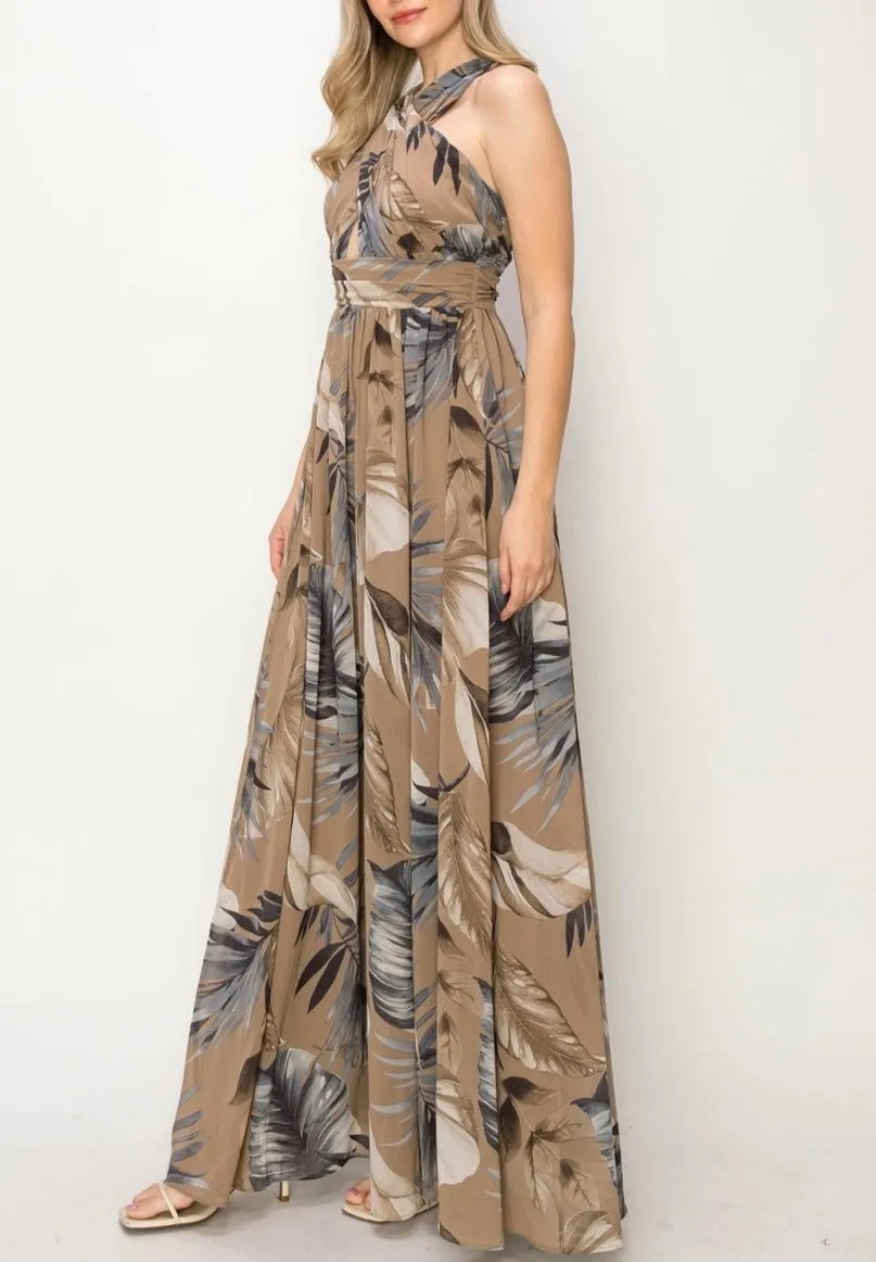 Moody Taupe & Blue Floral Chiffon Maxi Dress