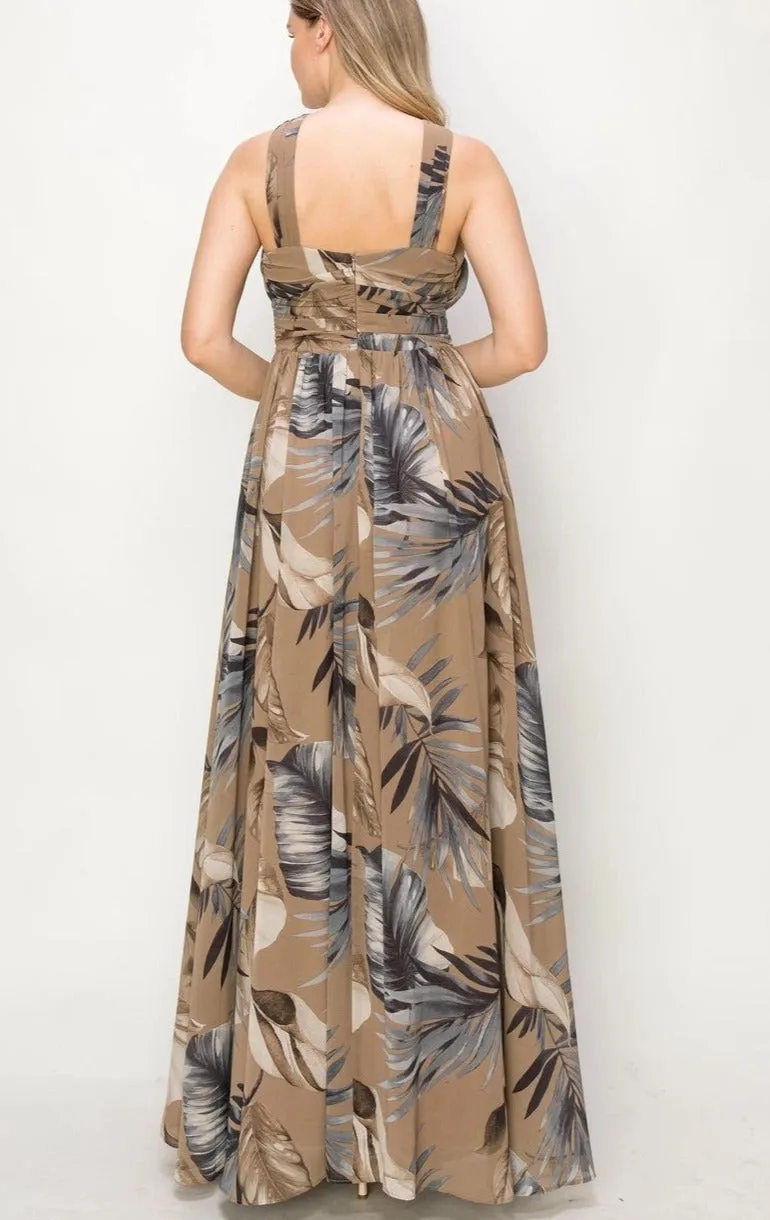 Moody Taupe & Blue Floral Chiffon Maxi Dress