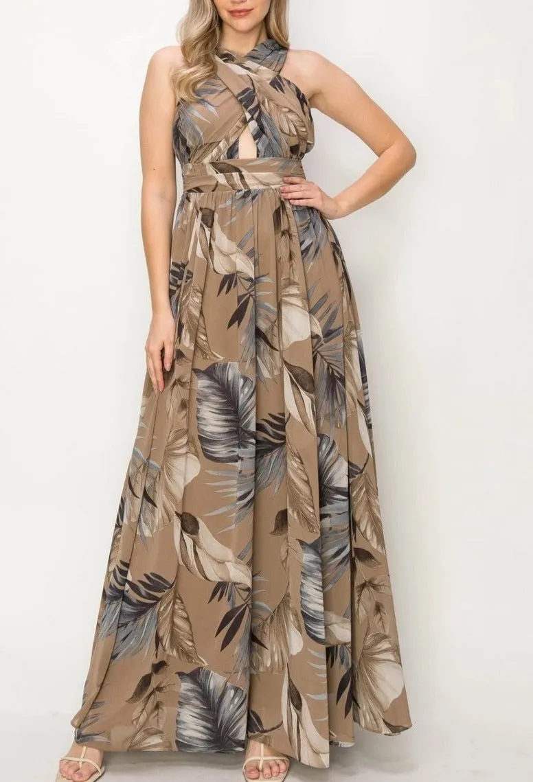 Moody Taupe & Blue Floral Chiffon Maxi Dress