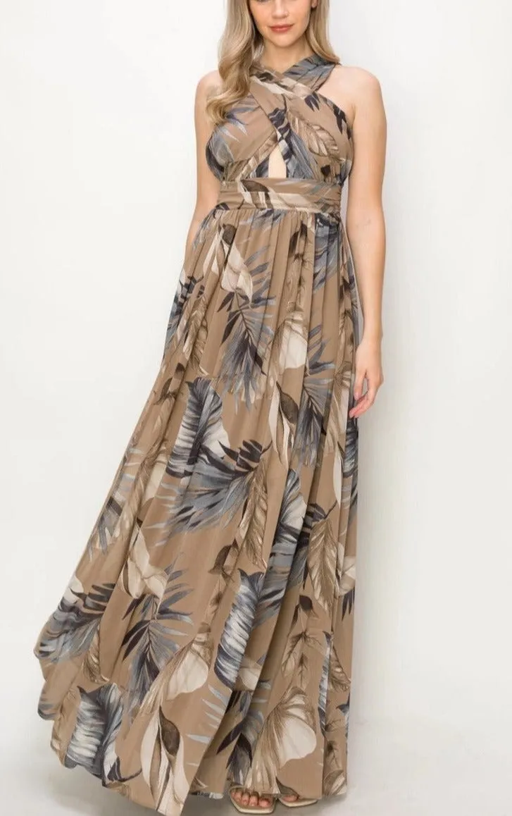 Moody Taupe & Blue Floral Chiffon Maxi Dress