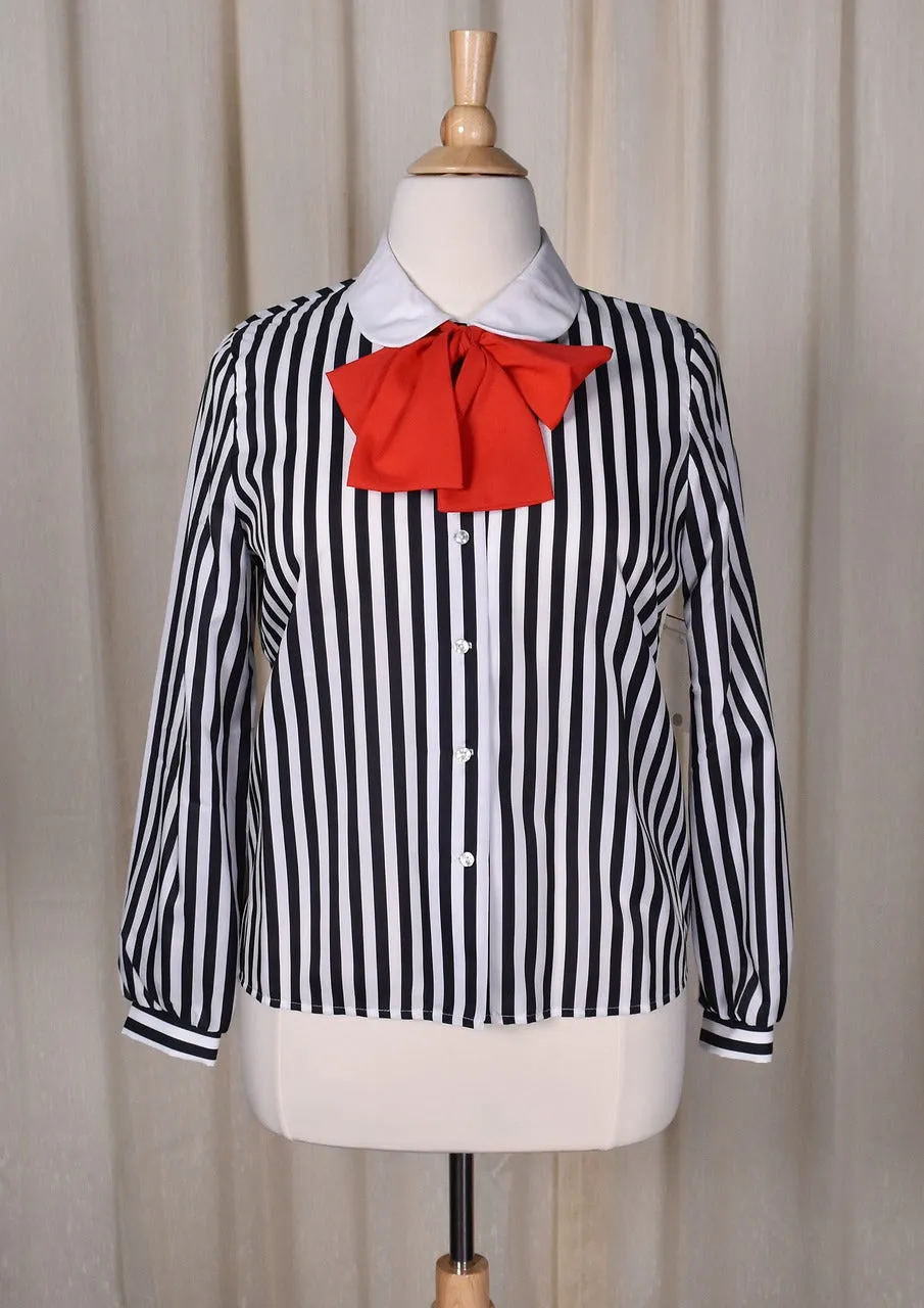 NWT 1940s Style Black & White Striped Bow Blouse