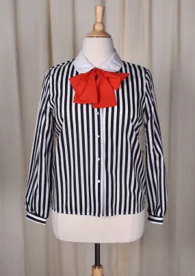 NWT 1940s Style Black & White Striped Bow Blouse
