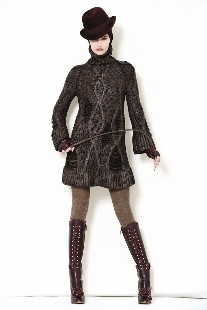 Original Alexander McQueen - As seen part of the 2009 Runway Collection, Look 4 - Dark Grey Long Sleeve Knitted Sweater Dress -